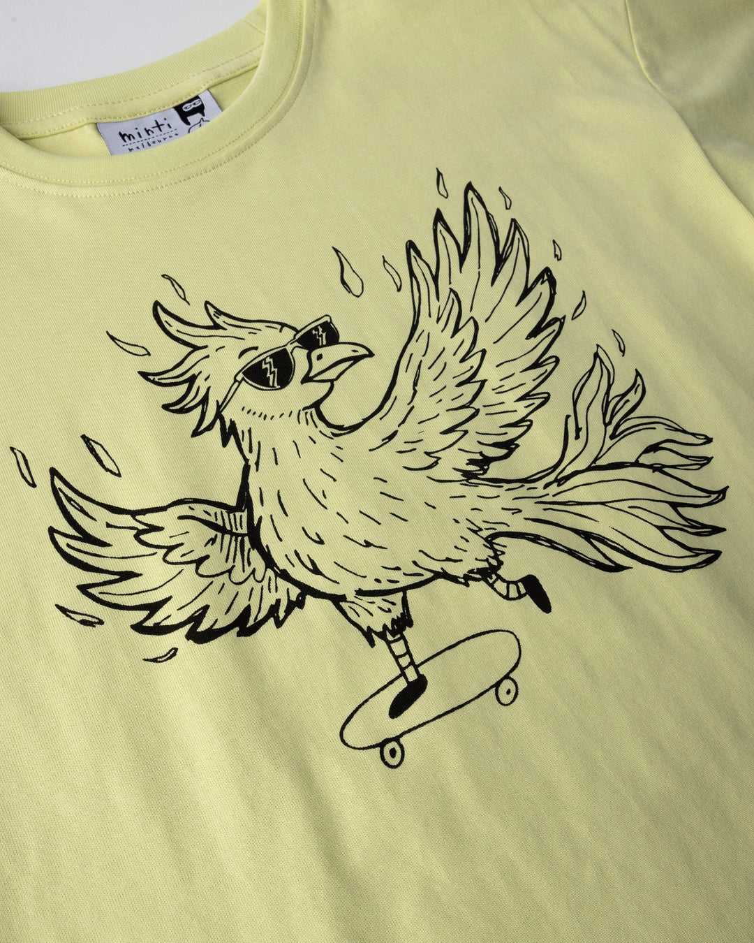 Close up of the Skate Phoenix Tee print in light zest