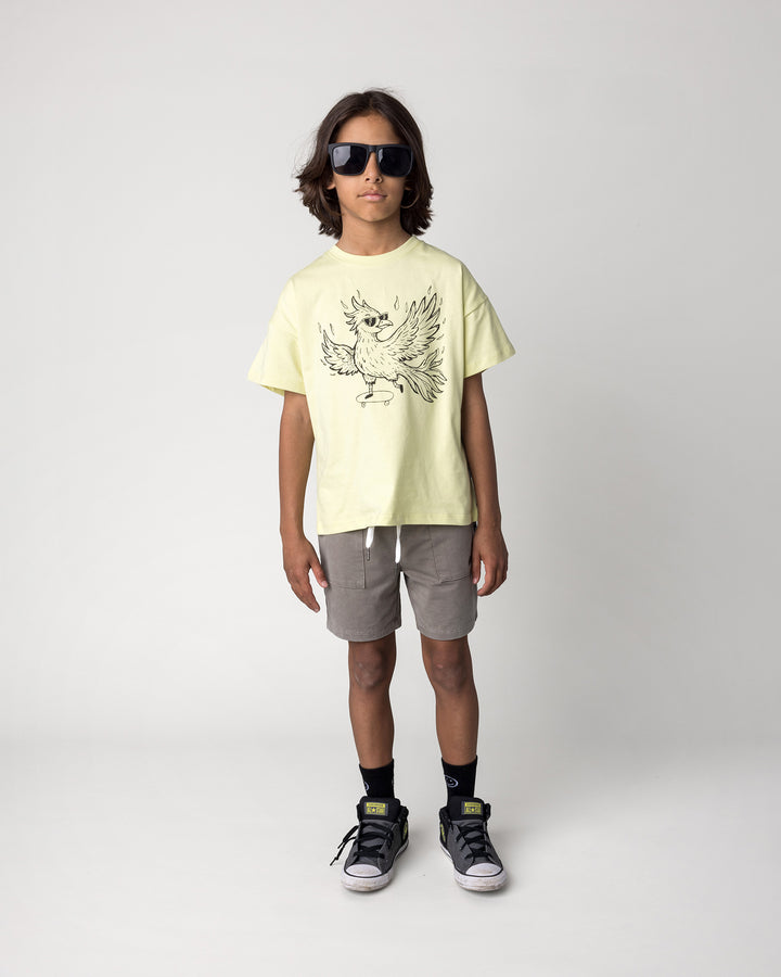 Kid wearing the Skate Phoenix Tee in light zest with the Blasted Track Short in grey wash, front view