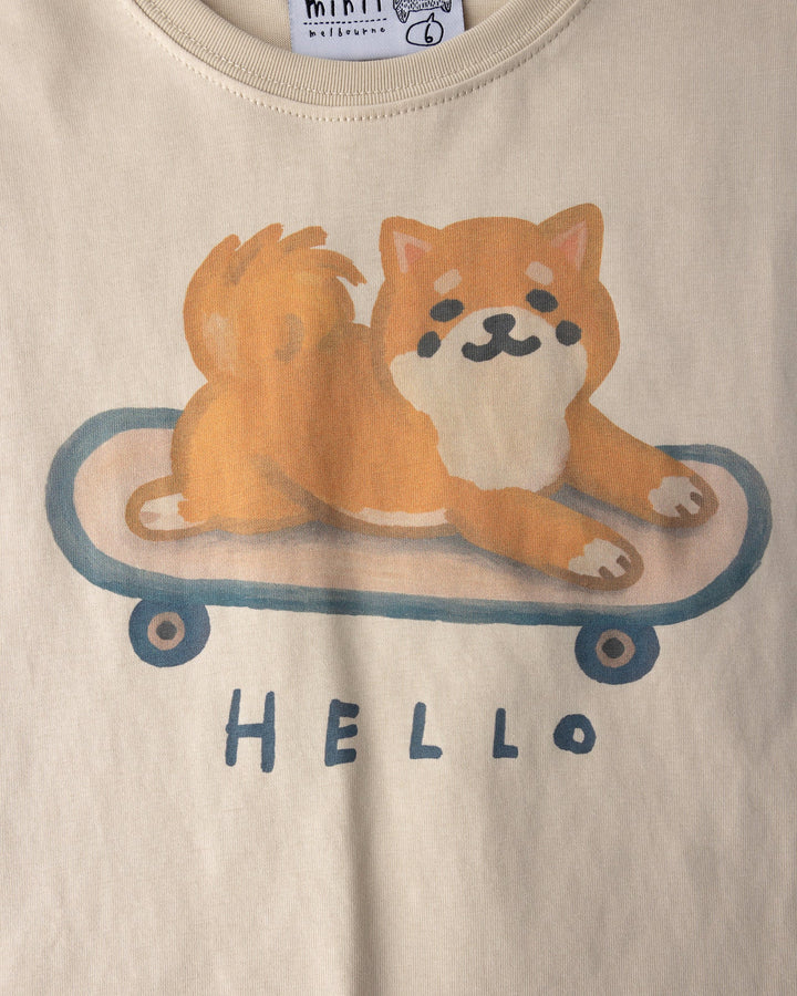Close up of the Skate Puppy Tee print in stone