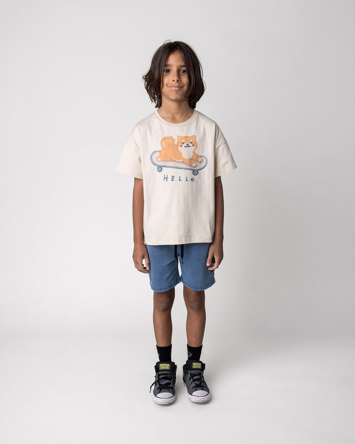 Kid wearing the Skate Puppy Tee in stone with the Blasted Deluxe Cargo Short in midnight wash, front view