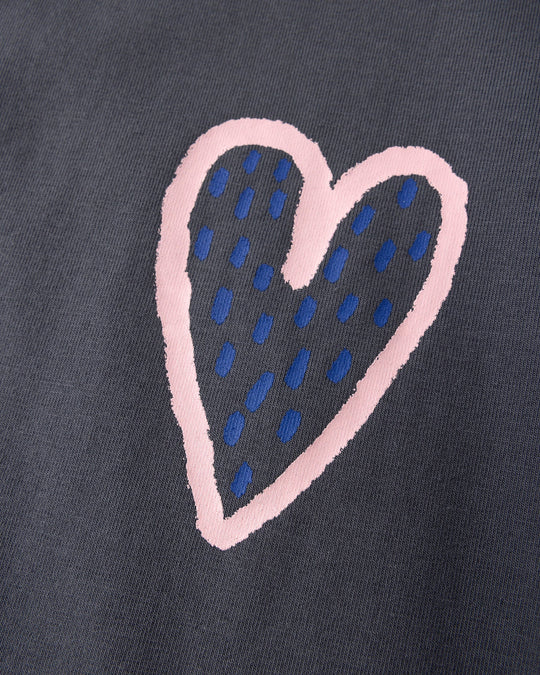 Close up of the Speckle Heart Tee print in dark grey