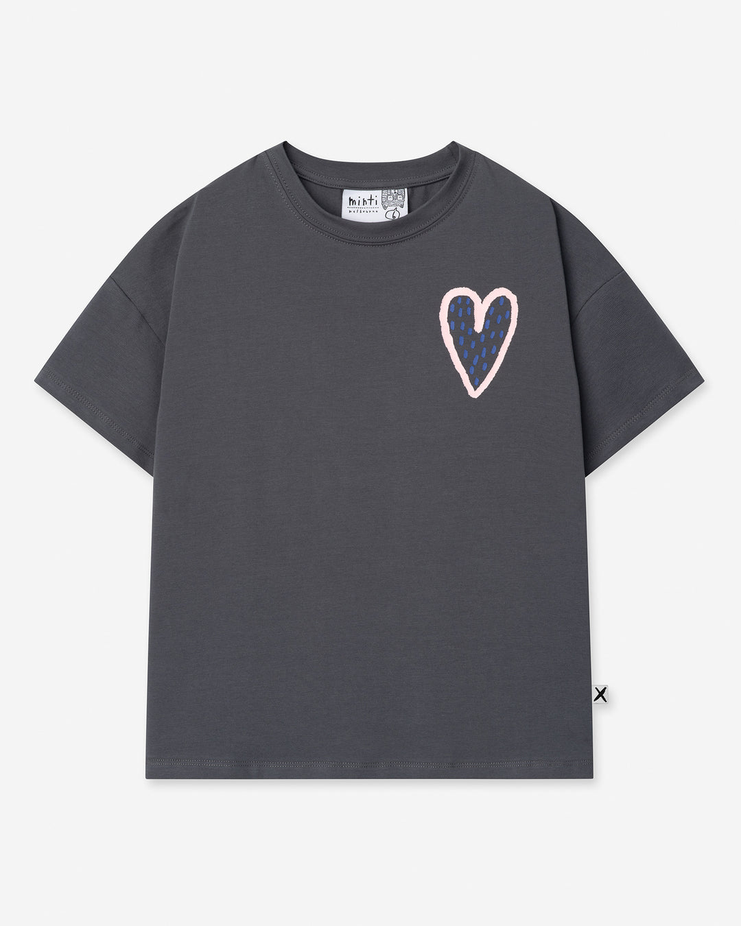 Speckle Heart Tee in dark grey, girls t shirt by Minti, flat lay