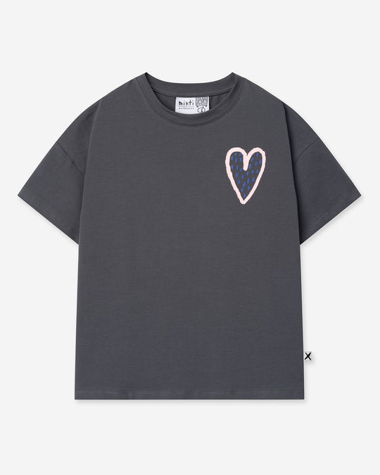 Speckle Heart Tee in dark grey, girls t shirt by Minti, flat lay