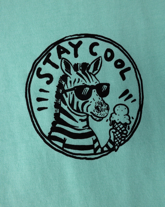 Close up of the Stay Cool Tee print in seafoam and light aqua