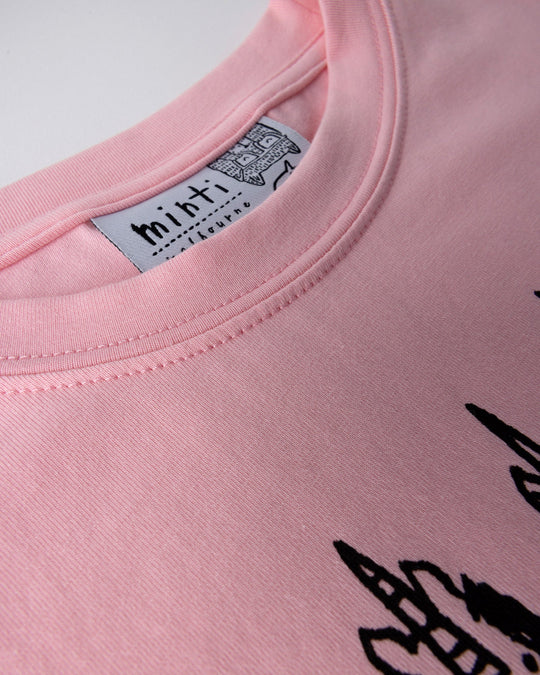 Close up detail of the Unicorn Club Tee in pink, hot pink and aqua