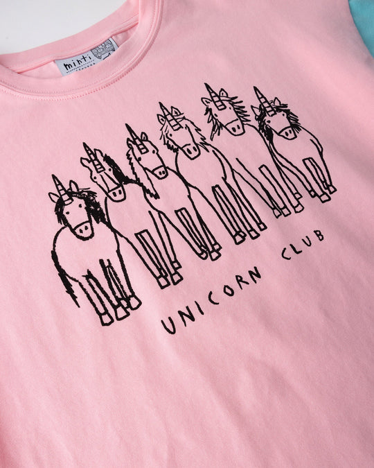 Close up of the Unicorn Club Tee print in pink, hot pink and aqua