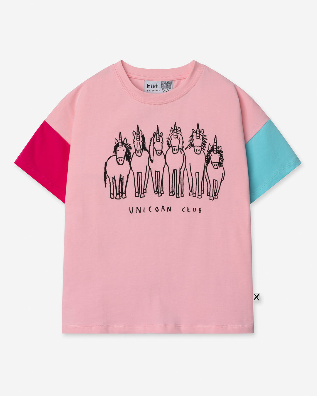 Unicorn Club Tee in pink, hot pink and aqua, girls t shirt by Minti, flat lay