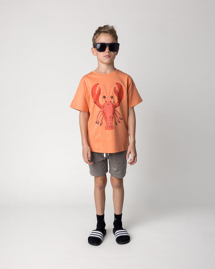 Kid wearing the Vacay Crayfish Tee in light orange with the Blasted Track Short in grey wash, front view