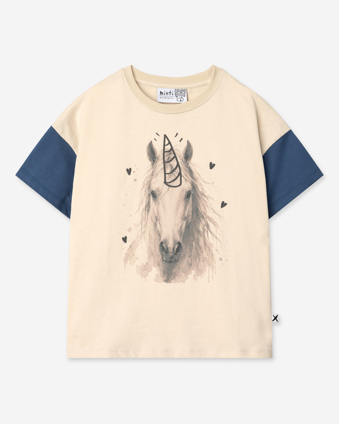 Watercolour Unicorn Tee in stone and midnight, girls t shirt by Minti, flat lay
