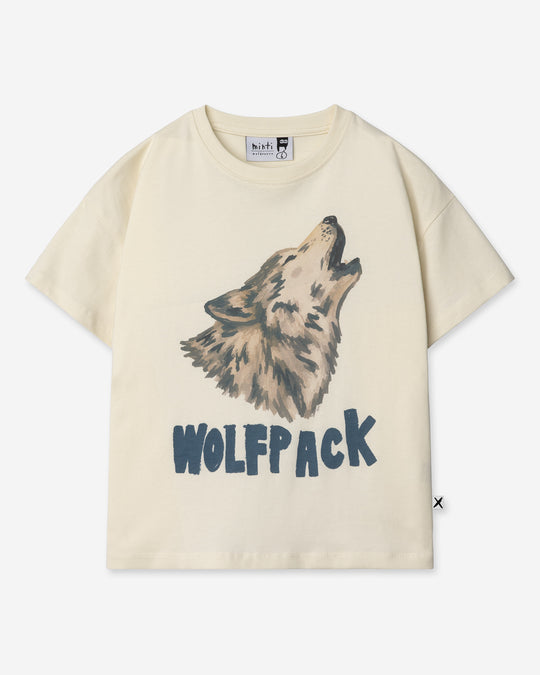 Wolfpack Tee in cream, kids t shirt by Minti, flat lay