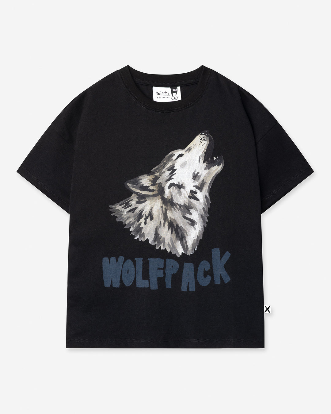 Wolfpack Tee in black, boys t shirt by Minti, flat lay