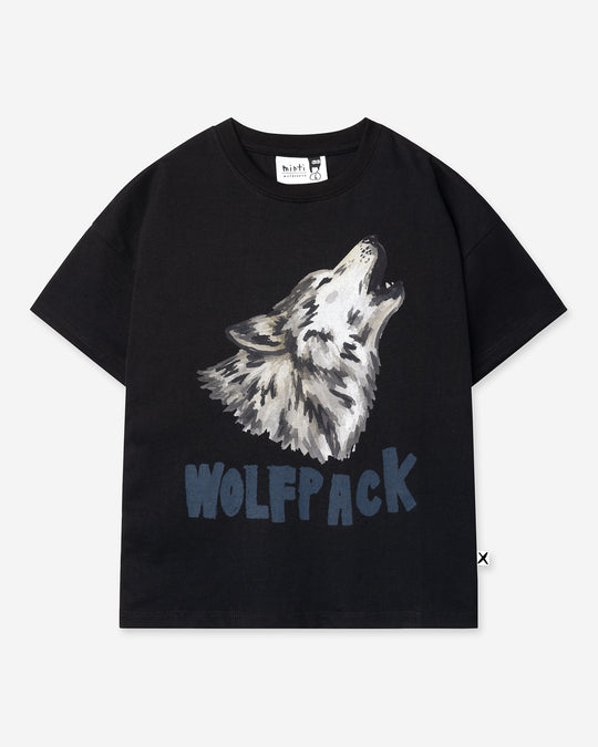 Wolfpack Tee in black, boys t shirt by Minti, flat lay
