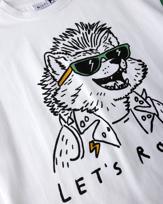 Close up of the Werewolf Rockstar Tee print in off white, mustard and turf