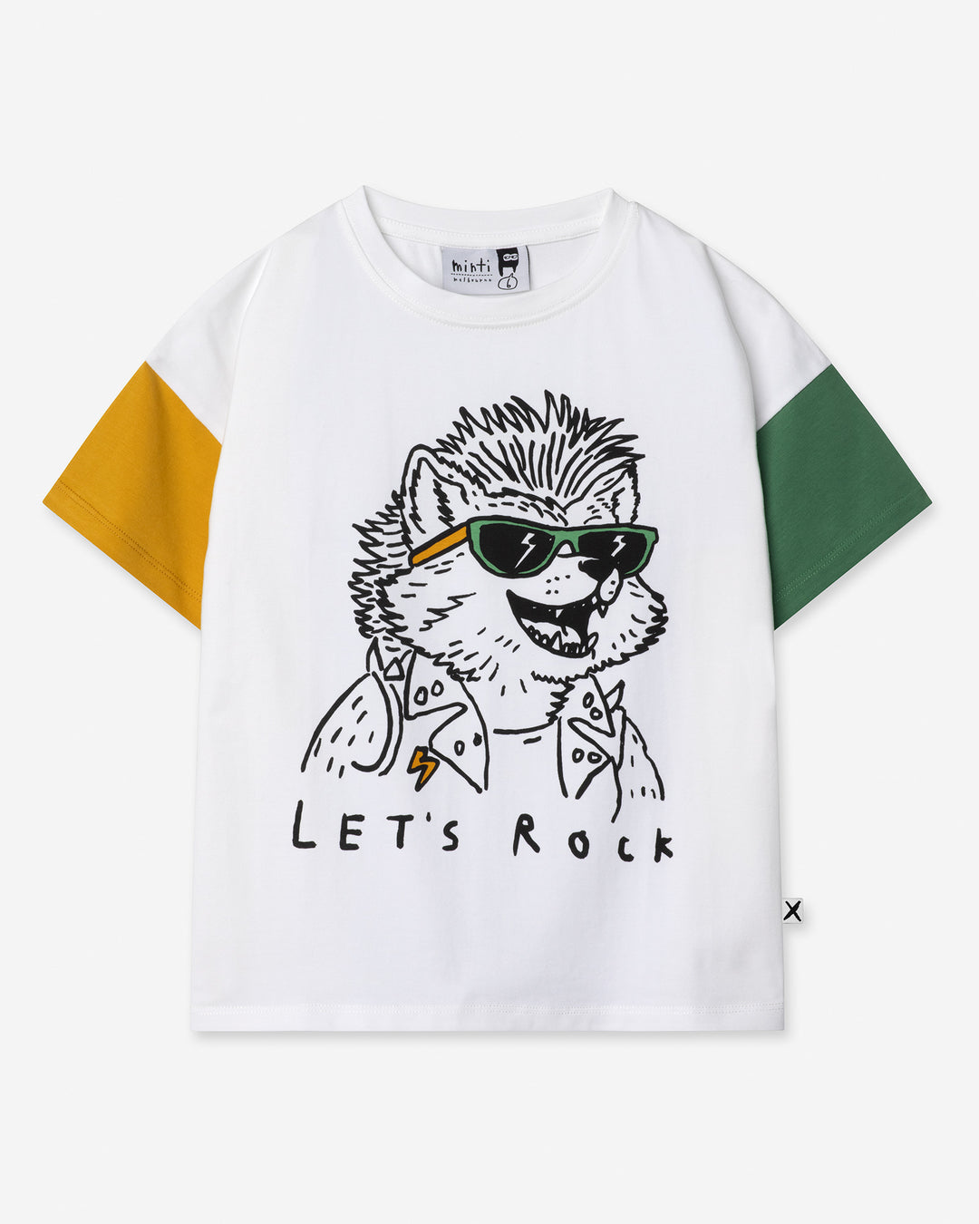 Werewolf Rockstar Tee in off white, mustard and turf, boys t shirt by Minti, flat lay