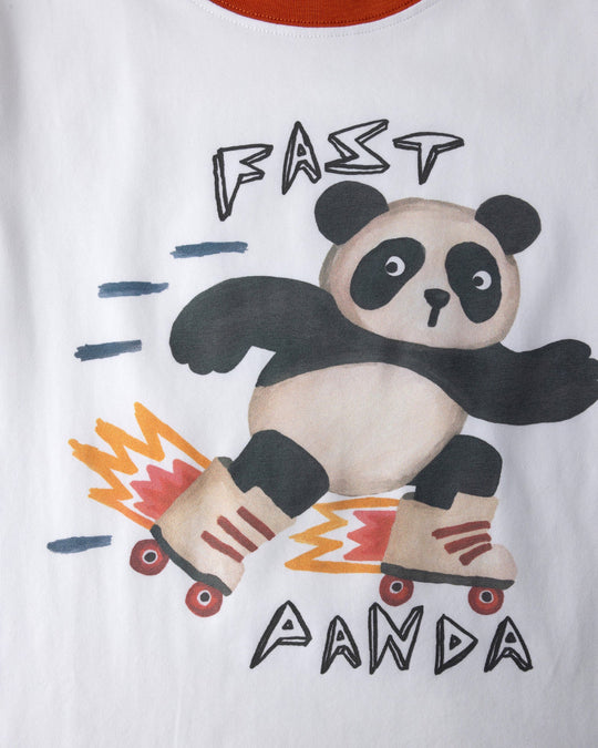 Close up of the Fast Panda Tee print in white and orange