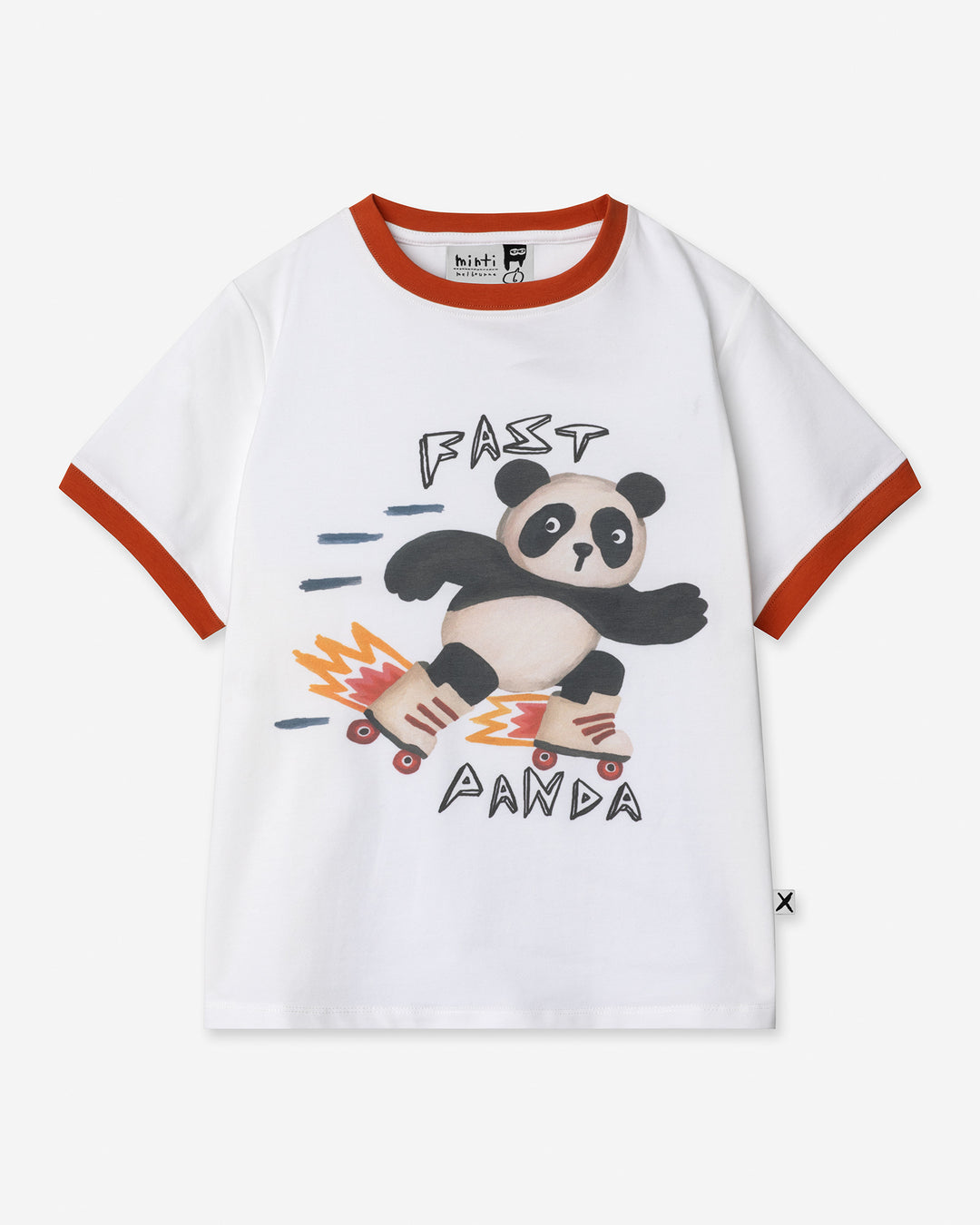 Fast Panda Tee in white and orange, boys t shirt by Minti, flat lay