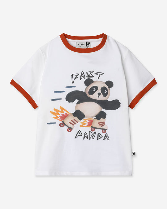 Fast Panda Tee in white and orange, boys t shirt by Minti, flat lay