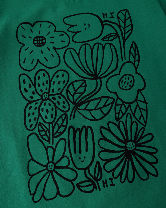 Close up of the Flower Party Tee print in kelly green and white