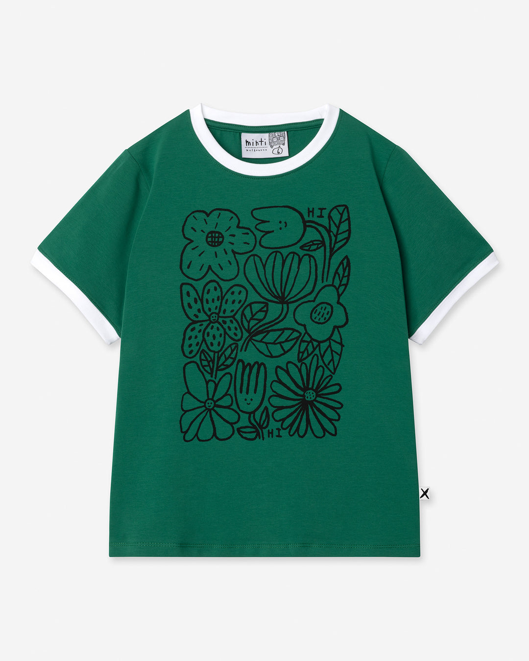 Flower Party Tee in kelly green and white, girls t shirt by Minti, flat lay