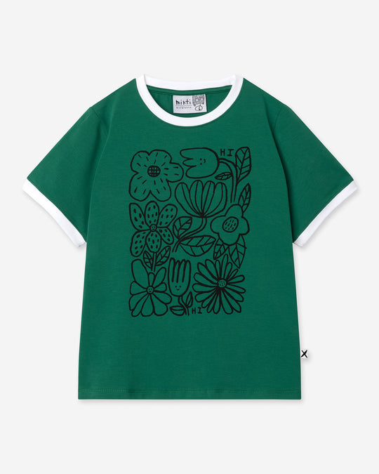 Flower Party Tee in kelly green and white, girls t shirt by Minti, flat lay