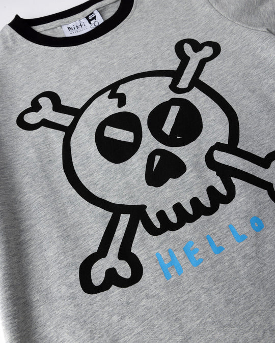 Close up of the Hello Skull Tee print in grey marle and black