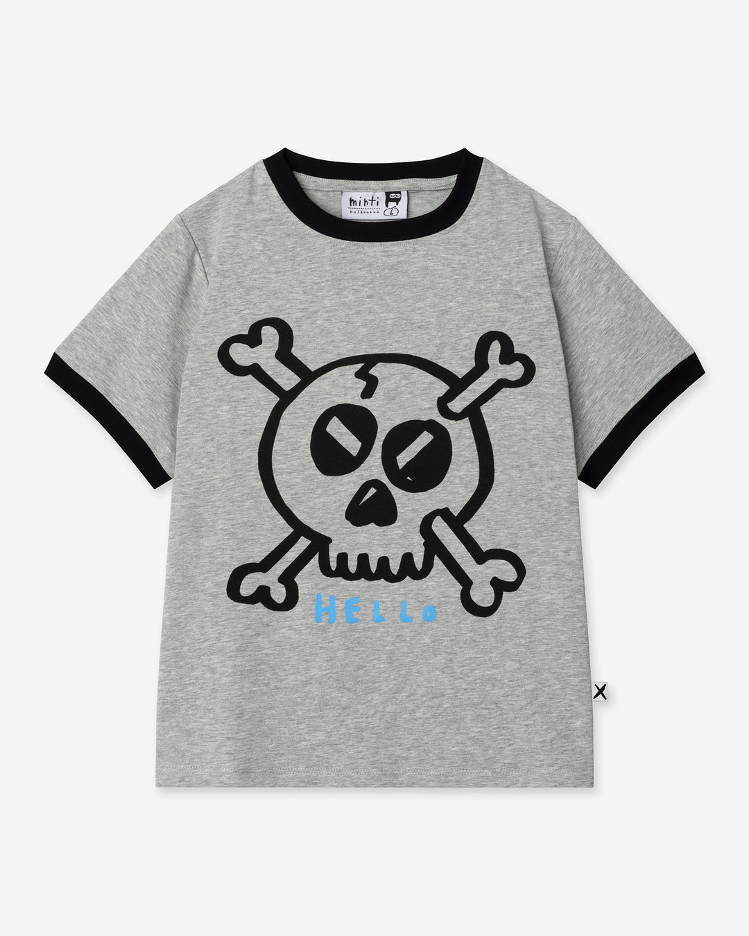 Hello Skull Tee in grey marle and black, boys t shirt by Minti, flat lay