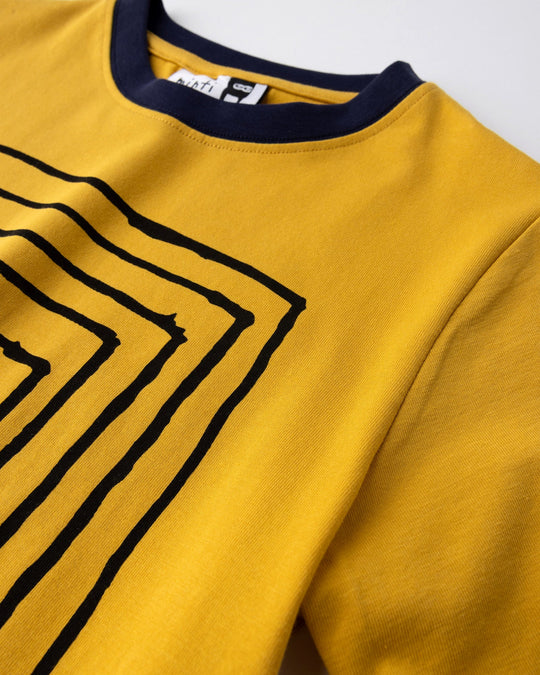 Close up of the Hidden Panda Tee print in mustard and ink