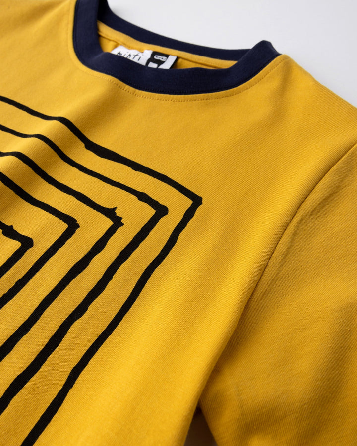 Close up of the Hidden Panda Tee print in mustard and ink