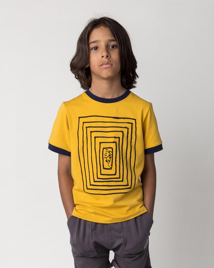 Close up of the Hidden Panda Tee in mustard and ink on a kid, front view