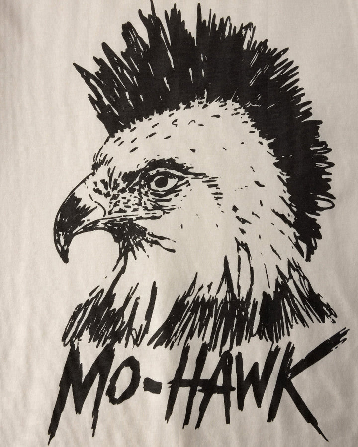 Close up of the Mo-Hawk Tee print in cream and black