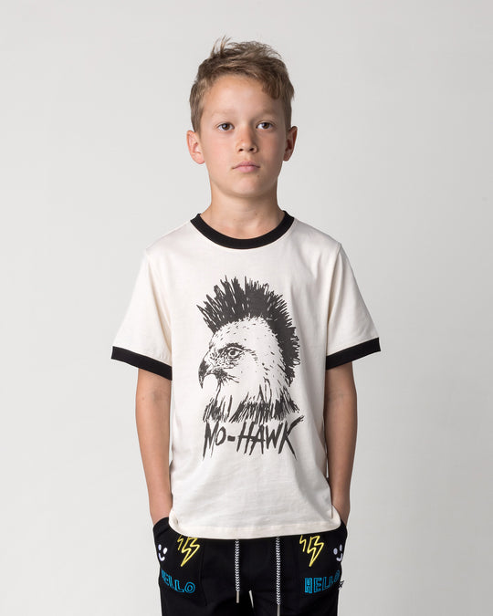 Close up of the Mo-Hawk Tee in cream and black on a kid, front view