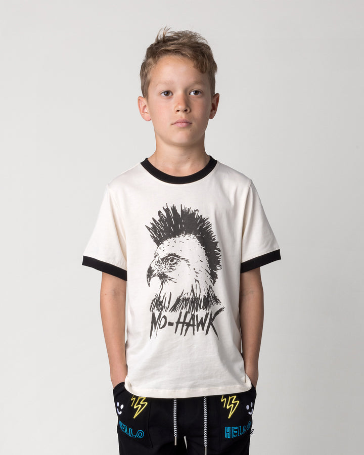 Close up of the Mo-Hawk Tee in cream and black on a kid, front view