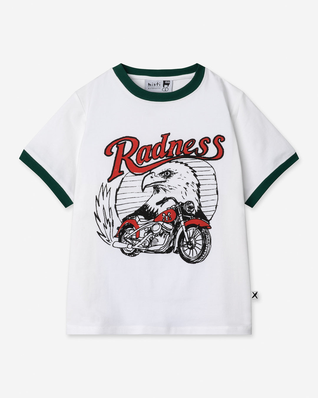 Radness Tee in white and jungle, boys t shirt by Minti, flat lay