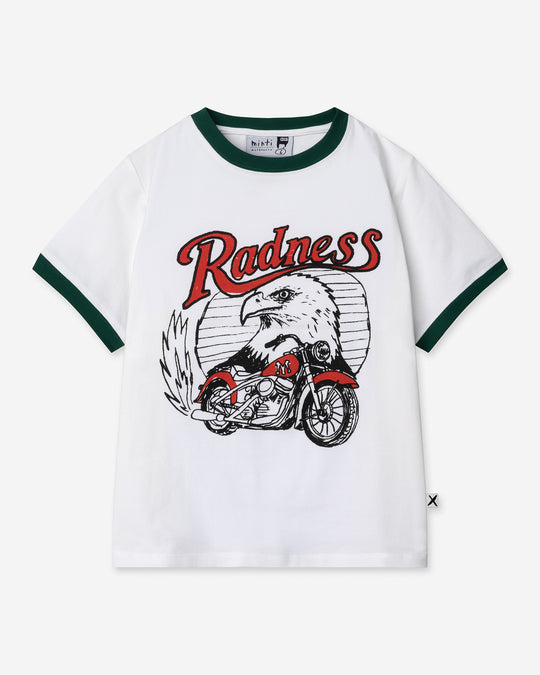 Radness Tee in white and jungle, boys t shirt by Minti, flat lay
