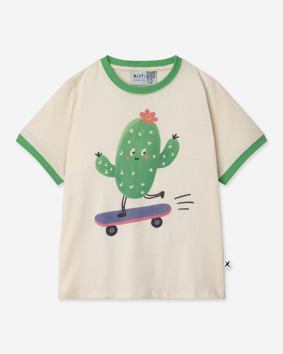 Skate Cactus Tee in cream and green, girls t shirt by Minti, flat lay