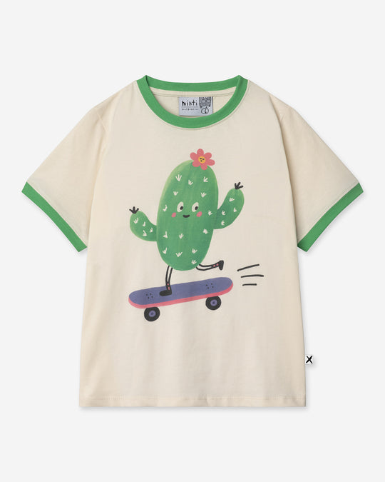 Skate Cactus Tee in cream and green, girls t shirt by Minti, flat lay