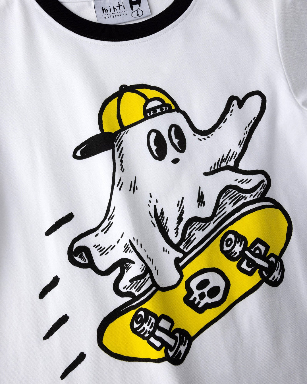 Close up of the Skate Ghost Tee print in white and black