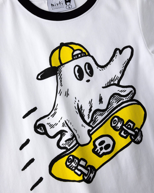 Close up of the Skate Ghost Tee print in white and black