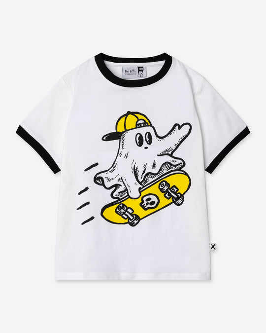 Skate Ghost Tee in white and black, boys t shirt by Minti, flat lay