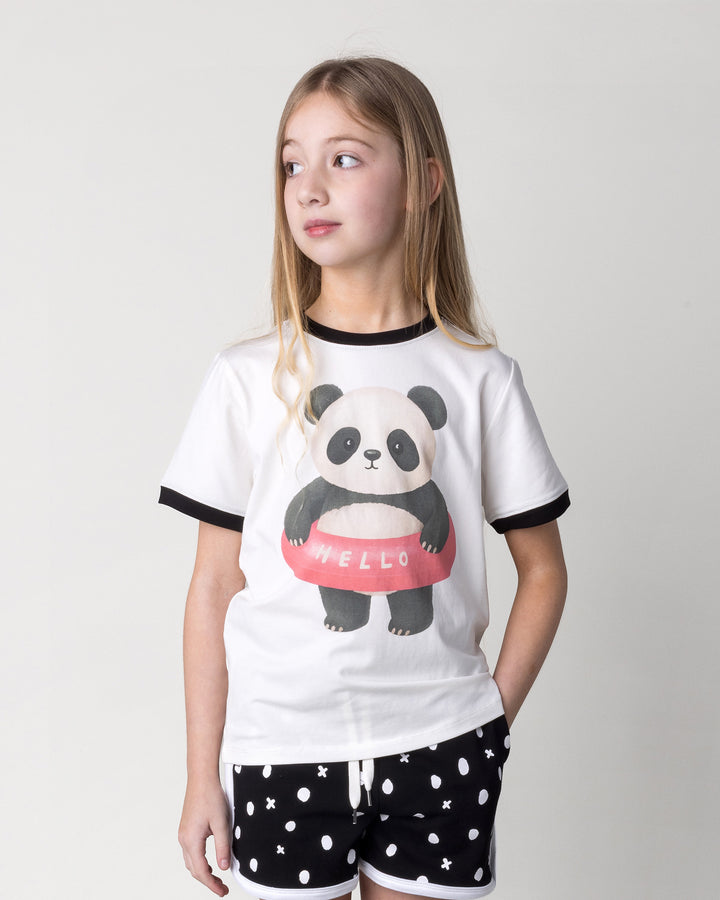 Close up of the Swimming Panda Tee in white and black on a kid, front view