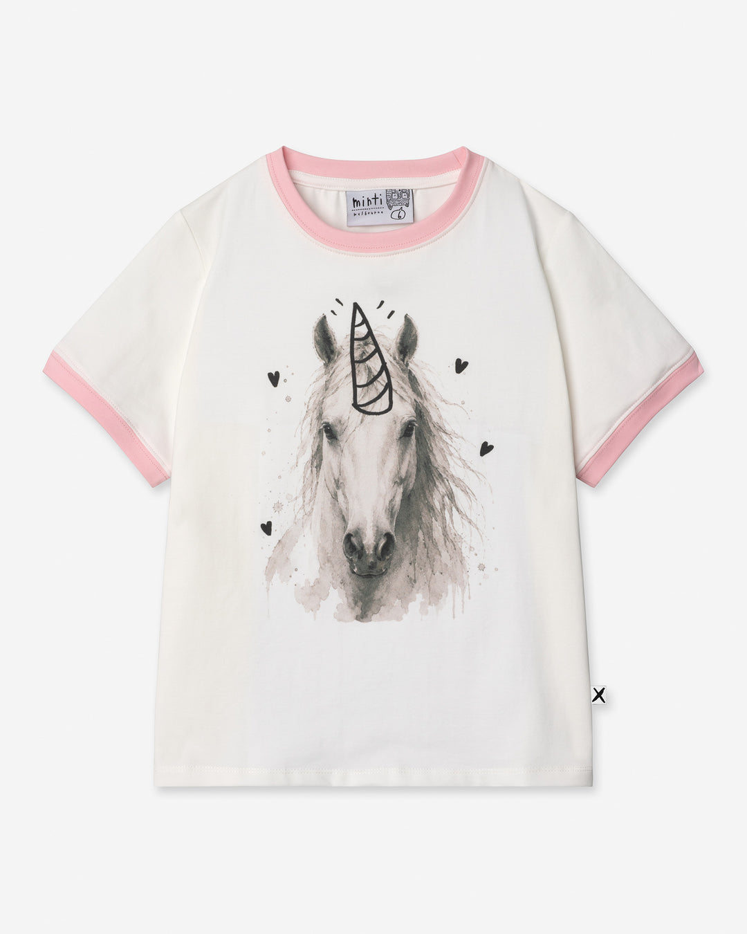 Watercolour Unicorn Tee in white and pink, girls t shirt by Minti, flat lay