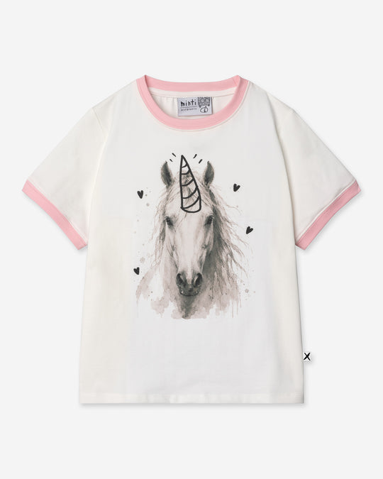 Watercolour Unicorn Tee in white and pink, girls t shirt by Minti, flat lay