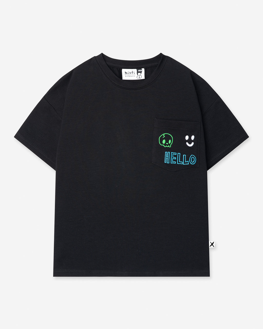 Badges Tee in black, boys t shirt by Minti, flat lay