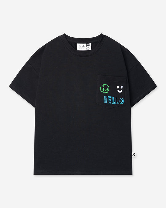 Badges Tee in black, boys t shirt by Minti, flat lay