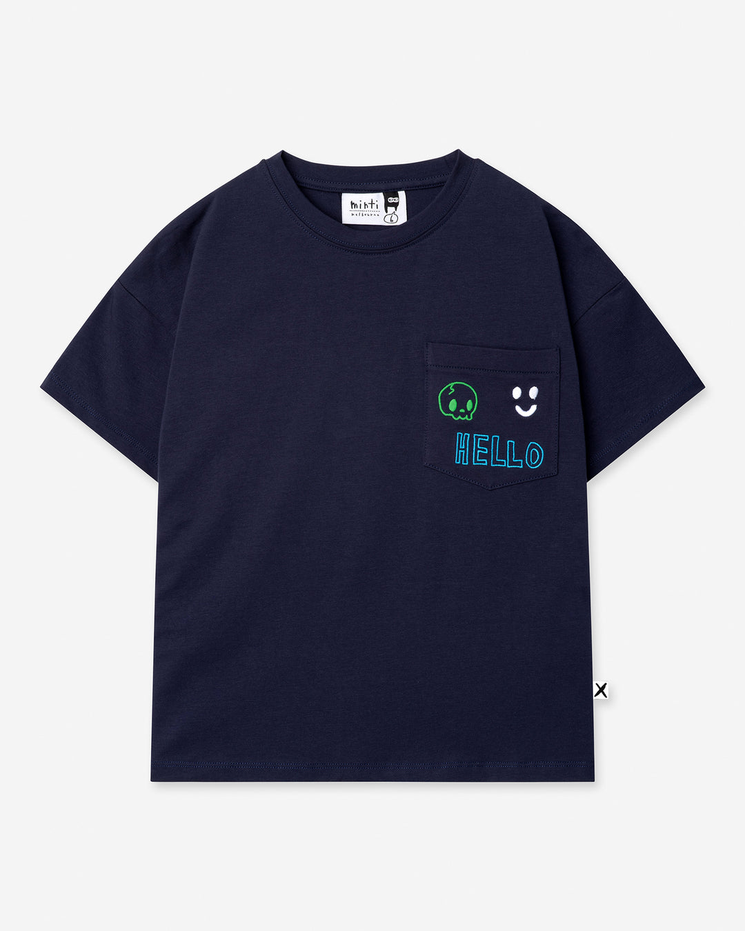 Badges Tee in ink, boys t shirt by Minti, flat lay