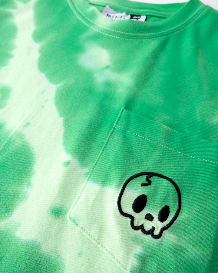 Close up detail of the Splatter Tee in green