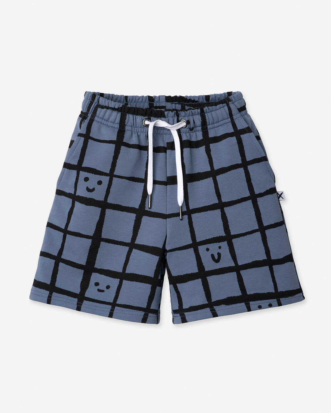 Happy Squares Short in muted blue, boys shorts by Minti, flat lay