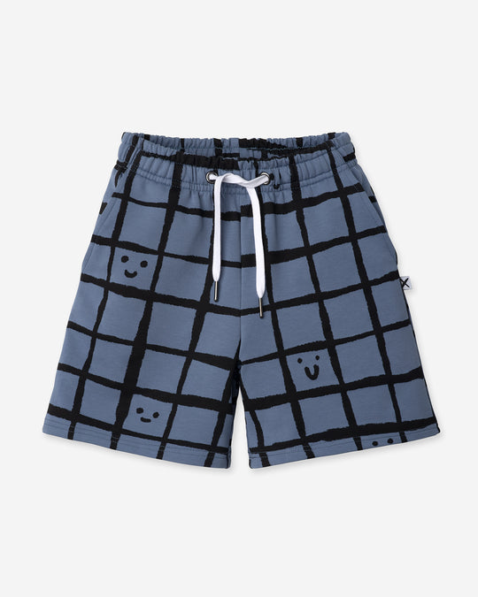 Happy Squares Short in muted blue, boys shorts by Minti, flat lay