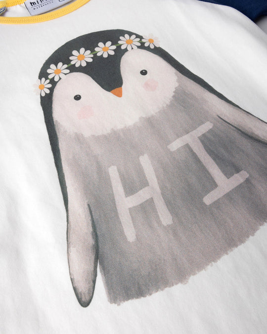 Close up of the Flower Penguin Tee print in white, ink and yellow