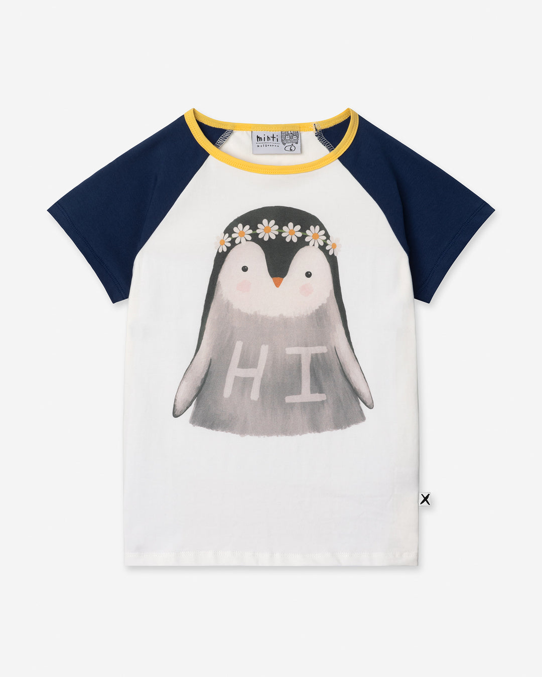 Flower Penguin Tee in white, ink and yellow, girls t shirt by Minti, flat lay